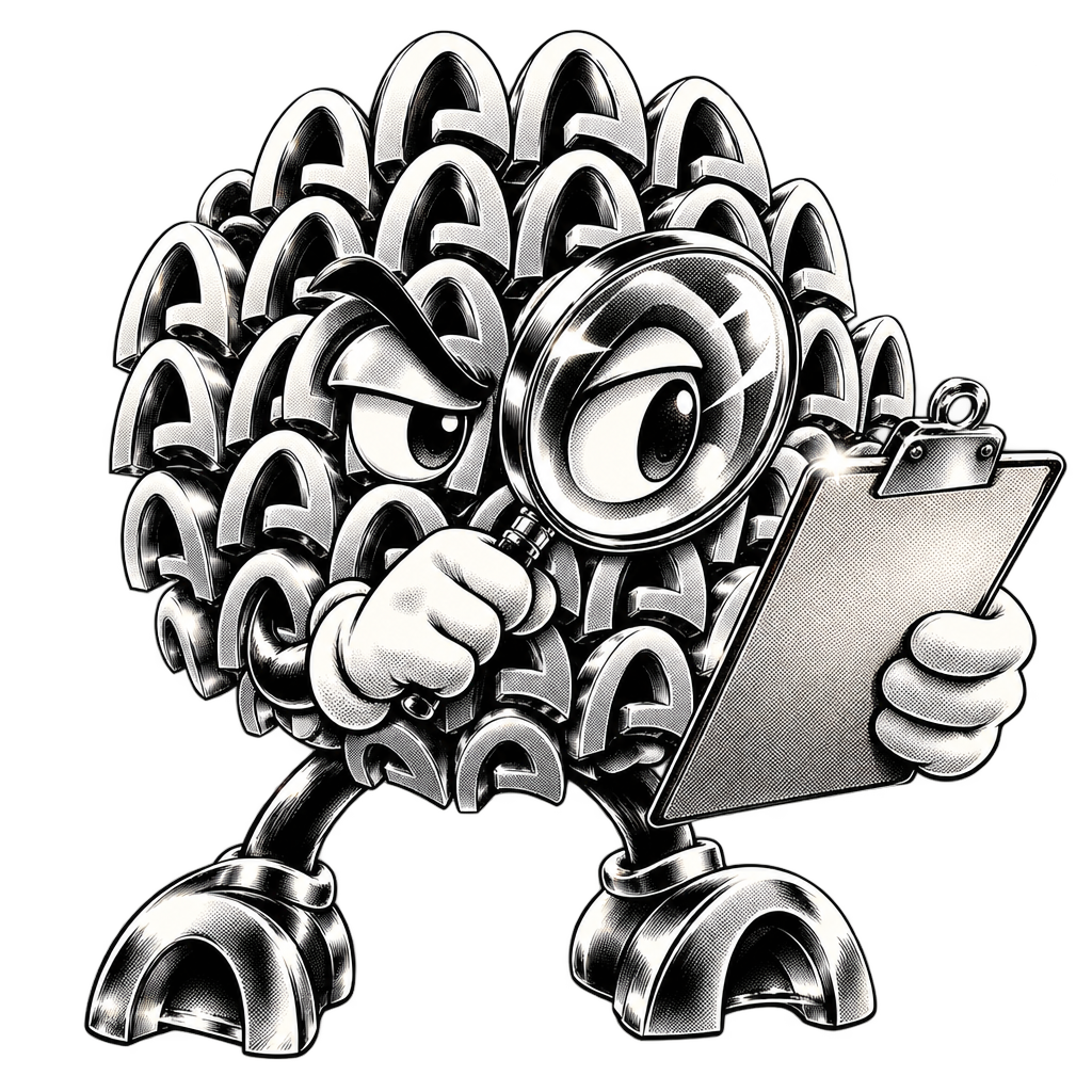 ARC holding a magnifying glass up to its own eye and a clipboard, investigating itself