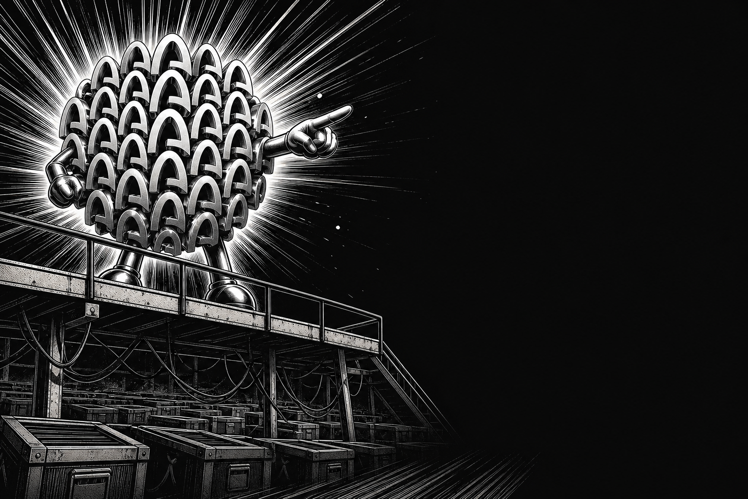 ARC on a catwalk above stacked crates, pointing off into the dark